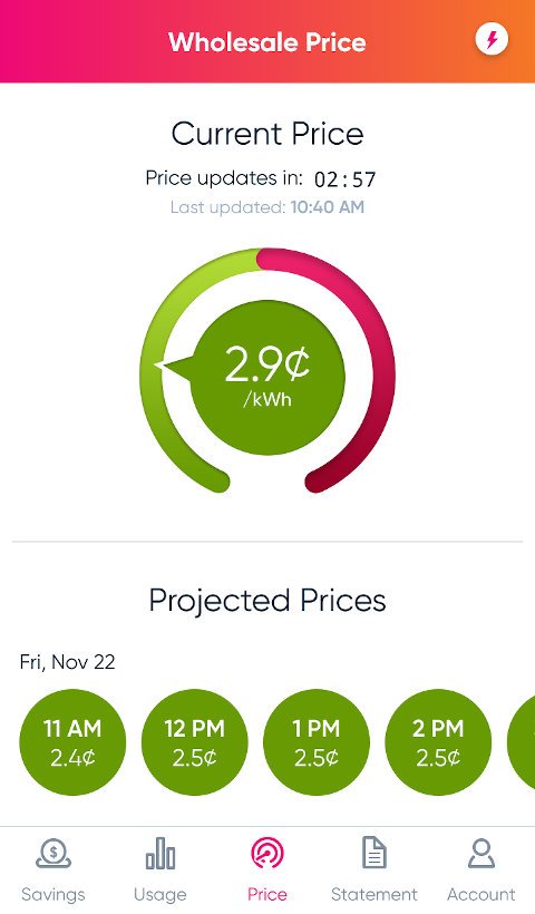 Griddy app wholesale electricity price screenshot